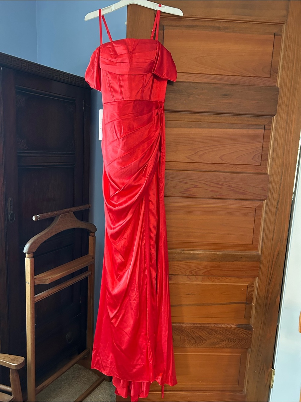 Wear Your Love Red Off Shoulder Satin Maxi Dress